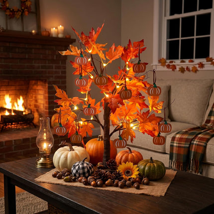 2FT Lighted Maple Leaf Tree, 24 LED Lights & 12 Wood Pumpkin Ornaments, Fall Decor