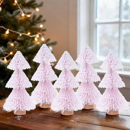 5PCS Mini Christmas Trees Pink Bottle Brush Trees with Wooden Base Decor