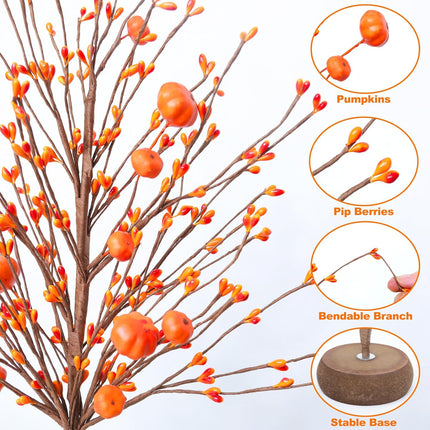 2-Pack 15" Orange Artificial Fall Trees with Pumpkins & Berries – Thanksgiving Décor