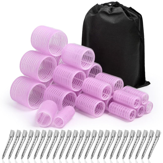 48PCS Hair Rollers Set, 24 Curlers & 24 Clips, Jumbo to Small Sizes for All Hair Lengths, Purple