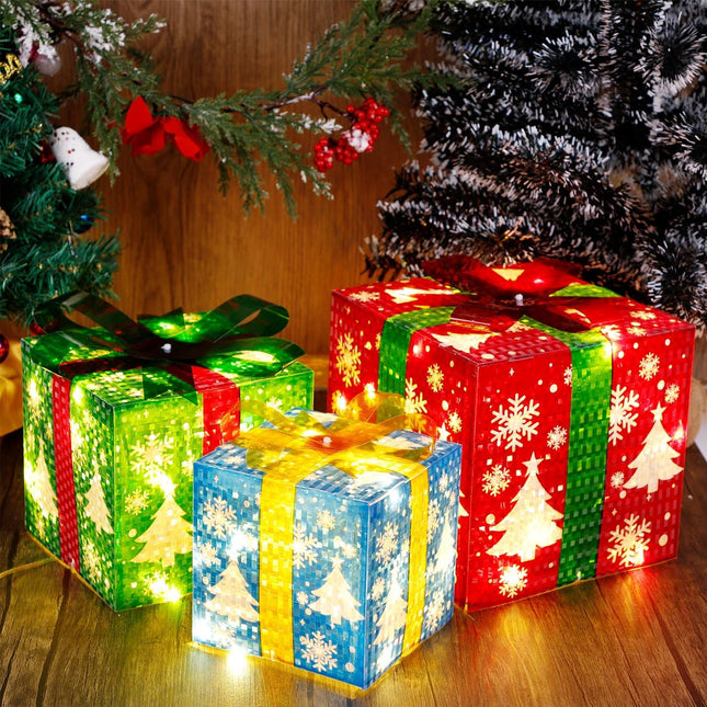 Christmas Lighted Gift Boxes Set – 3 Pieces, 60 LED Snowflake Tree Presents