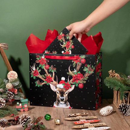 Christmas Gift Bags 13" | Reindeer & Poinsettia Paper Bags with Tissue & Card