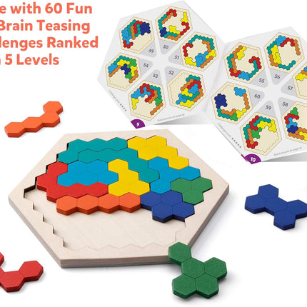 Wooden Hexagon Tangram Puzzle STEM Brain Teaser Game for Kids & Adults