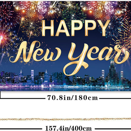 Happy New Year Fabric Banner Backdrop with Fireworks Photo Booth Decor