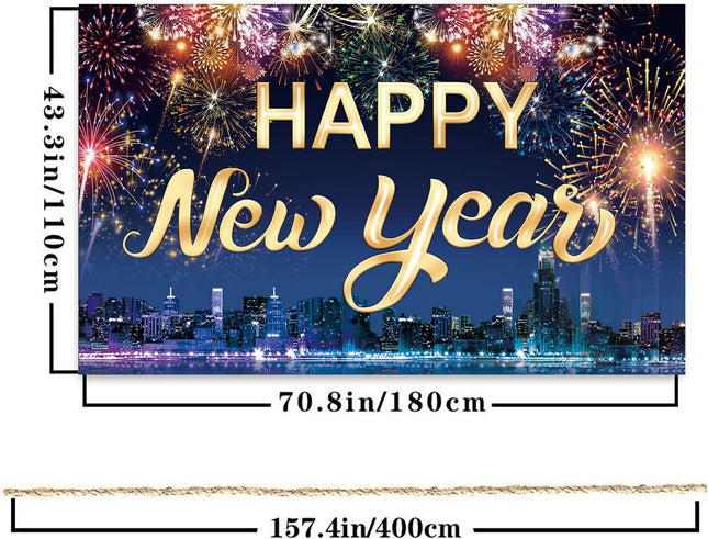 Happy New Year Fabric Banner Backdrop with Fireworks Photo Booth Decor
