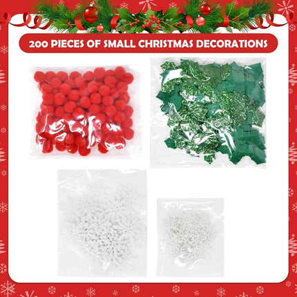 200PCS Mini Christmas Decorations | Snowflakes, Holly & Red Berries for Crafts