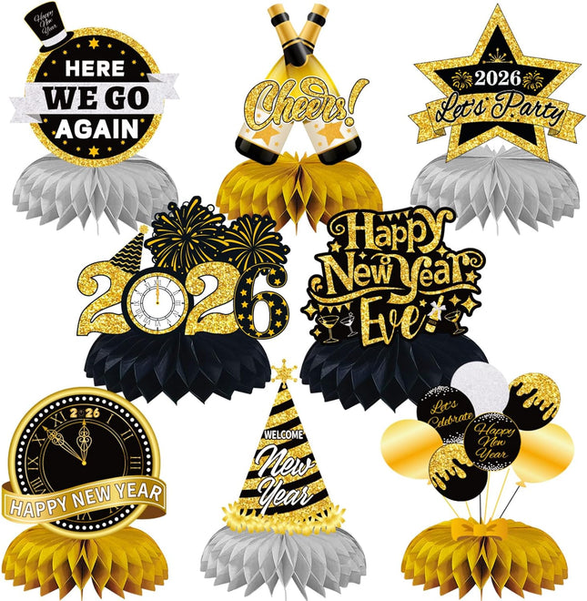 Happy New Year 2026 Table Decorations – 8-Pc Honeycomb Centerpieces