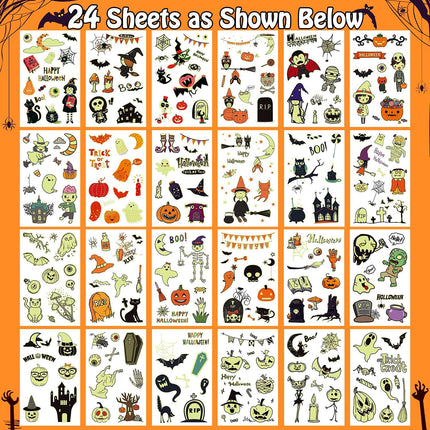 250-Style Halloween Glow Temporary Tattoos, 24 Sheets, Kids Party Favors & Goodie