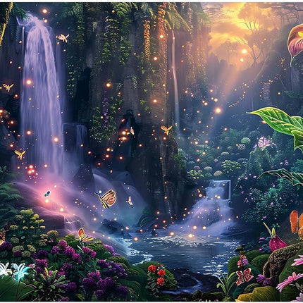 Fantasy Garden Aquarium Background 24x12 Inch Sunset Waterfall Vinyl Terrarium Backdrop