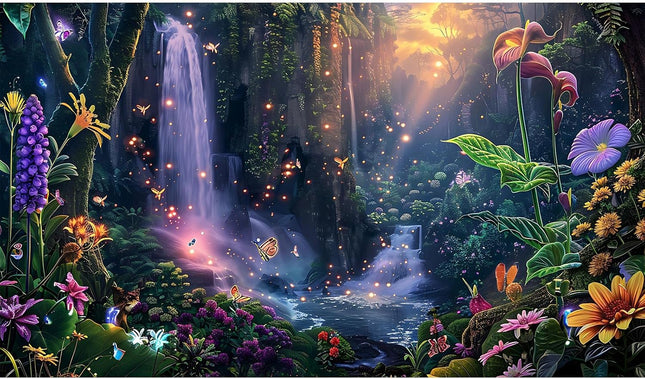 Fantasy Garden Aquarium Background 24x12 Inch Sunset Waterfall Vinyl Terrarium Backdrop