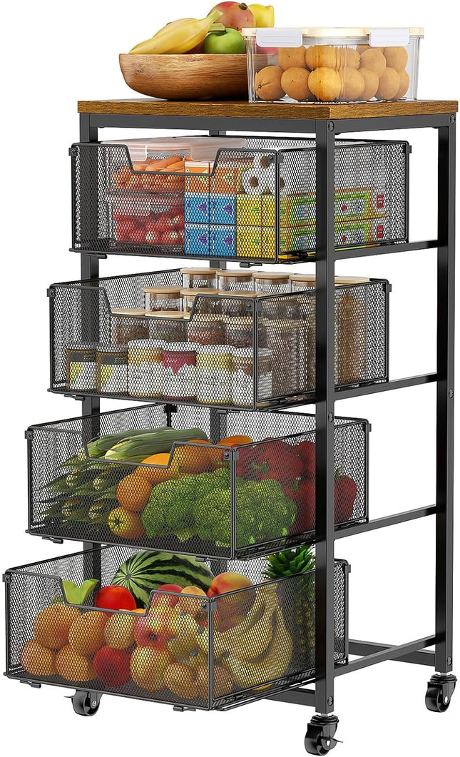 4-Tier Kitchen Rolling Storage Cart with Wooden Top, 4 Pull-Out Drawers and Lockable Wheels