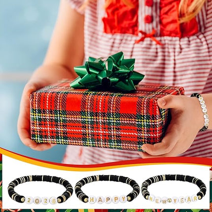 24-Piece Happy New Year 2026 Bracelets – Clay Beaded Stretch Gift Set