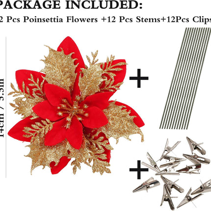 12 PCS Red & Gold Poinsettia Flowers – Xmas Tree & Holiday Decoration