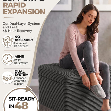 23.6 Inch Dark Grey Corduroy Pouf Ottoman Footrest with Dual-Layer Foam Support
