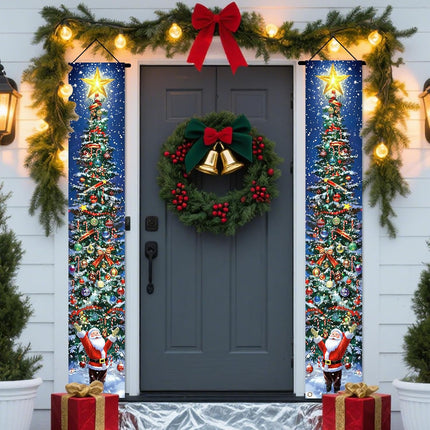 Christmas Door Banner Set – Snowy Tree & Santa Porch Decorations for Home & Yard