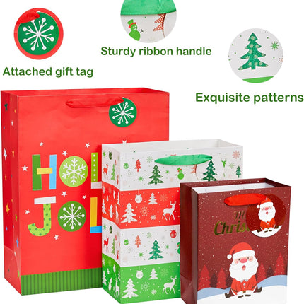6 Pack Christmas Gift Bags with Tissue Paper Assorted Sizes and Designs