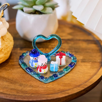 Christmas Snowman Figurine – Blue Blown Glass Ornament with Heart Base