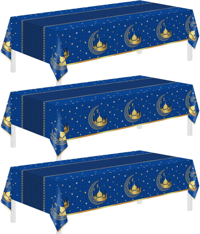 3-Pack Ramadan Tablecloths – Blue Plastic Disposable Eid Mubarak Table Covers