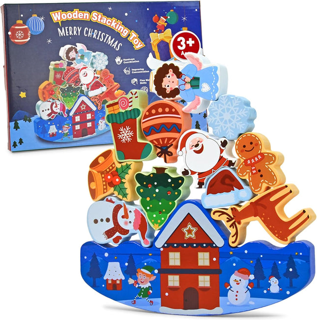 Christmas Wooden Stacking Toys – 12-Piece Holiday Playset for Toddlers & Kids
