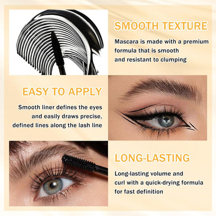 6PCS Black Mascara & Eyeliner Set, Waterproof, Smudge-Proof, Volumizing & Lengthening Makeup