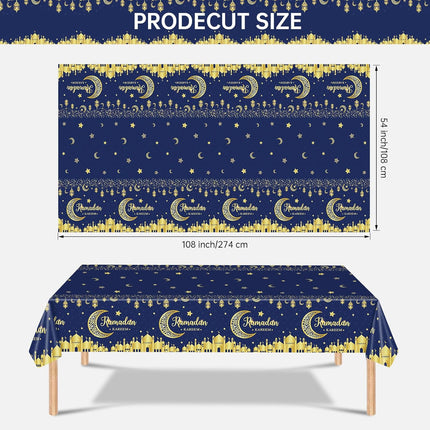 3-Pack Ramadan Tablecloth Set – Blue & Gold Eid Moon Star Plastic Covers