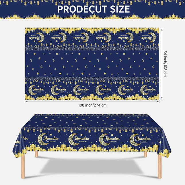 3-Pack Ramadan Tablecloth Set – Blue & Gold Eid Moon Star Plastic Covers
