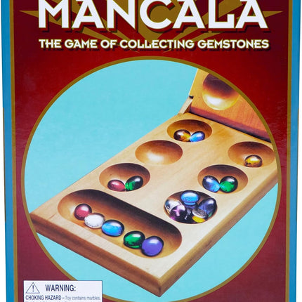Classic Mancala Board Game Wooden Hinged Board 48 Glass Stones 2 Player