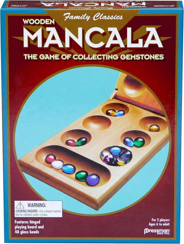 Classic Mancala Board Game Wooden Hinged Board 48 Glass Stones 2 Player