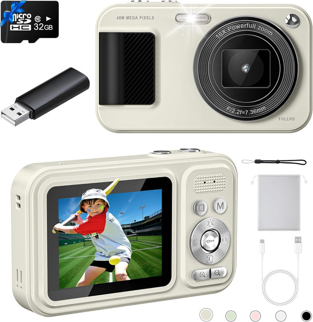 Compact Kids Digital Camera 1080P FHD 48MP 16X Zoom Anti-Shake 32GB