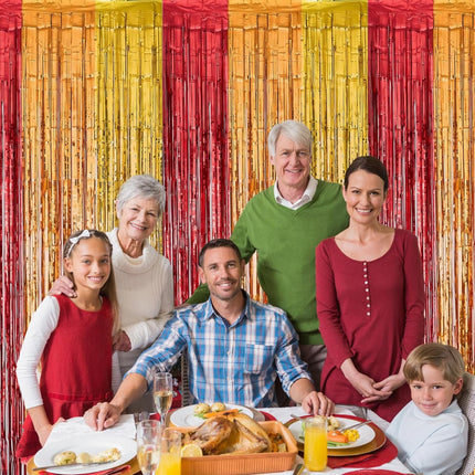 Fall Harvest Photo Backdrop 2 Pack Foil Fringe Curtains Red Gold Orange 3.3x6.6 Ft