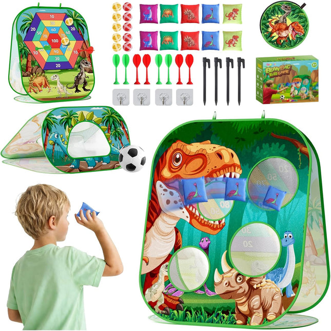 4 in 1 Dinosaur Bean Bag Toss Game Cornhole Dart Board Kids Outdoor Toy