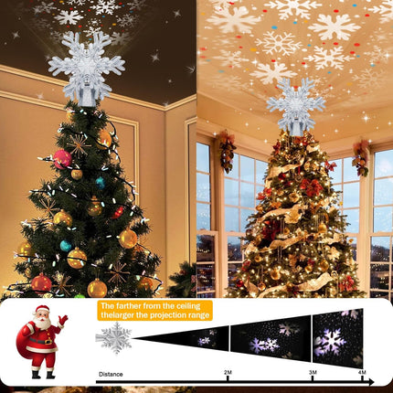 3D Silver Snowflake Projector Christmas Tree Topper - Hollow Pattern Holiday Decor