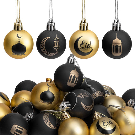 24PCS Black Gold Ramadan Ornament Balls – 1.57” Eid Mubarak Hanging Decor