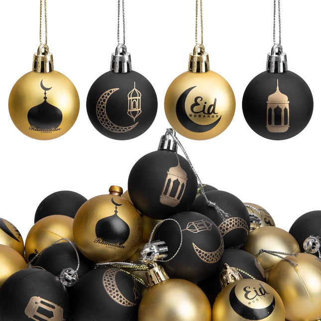 24PCS Black Gold Ramadan Ornament Balls – 1.57” Eid Mubarak Hanging Decor