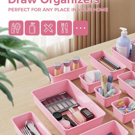 25 PCS Plastic Drawer Organizer Set, 4 Sizes Vanity Makeup & Storage Trays