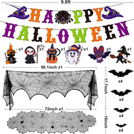 Halloween Indoor Decor Set, Happy Halloween Banner, Swirls, Spider Web & 3D Bats