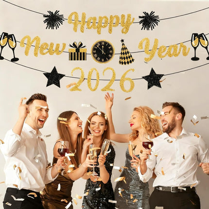 Happy New Year 2026 Glitter Banner – Gold & Black NYE Party Decor