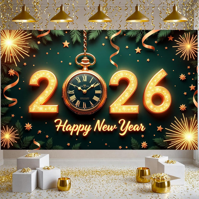 Happy New Year 2026 Party Banner – Glitter Photo Booth Backdrop
