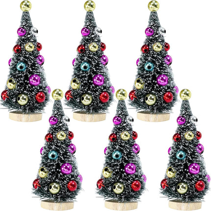 6 Pcs Mini Artificial Christmas Trees, Frosted Green Sisal Bottle Brush with Wooden Bases