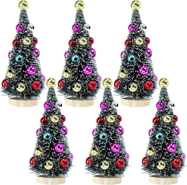 6 Pcs Mini Artificial Christmas Trees, Frosted Green Sisal Bottle Brush with Wooden Bases