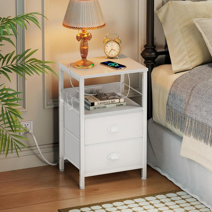 White Nightstand with Charging Station, 2 Fabric Drawers, USB Ports, Outlets and Hooks