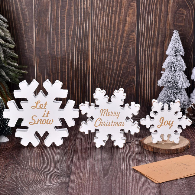 3-Pack Wooden Snowflake Signs – White Merry Christmas Table & Home Decor