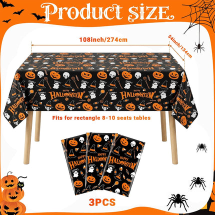 3-Pack Halloween Plastic Tablecloths, Pumpkin & Ghost Designs, 54x108in Party Decor