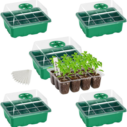 5 Pack Seed Starter Trays, 12 Cell, Humidity Dome, Adjustable Vents, Green