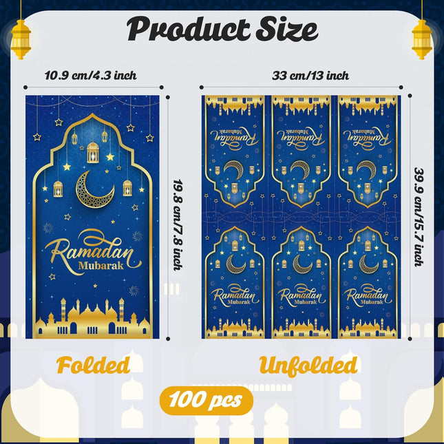 100 PCS Eid Mubarak Napkins – Blue & Gold, 2-Ply, Disposable Party Napkins