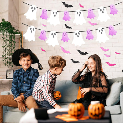 Pink Halloween Decor Set, Ghost Banner, Bat Stickers & 72in Spider Web Table Runner