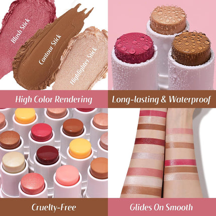 3Pcs Face Sticks Trio, Blush Highlighter Contour Makeup Sticks with Brush, Blendable