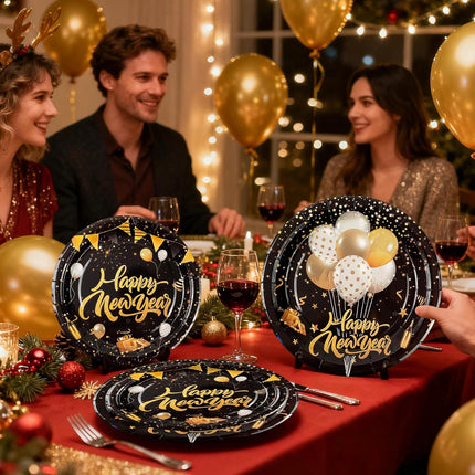 50 PCS New Year 2026 Paper Plates Black & Gold 9" & 7" Disposable Tableware