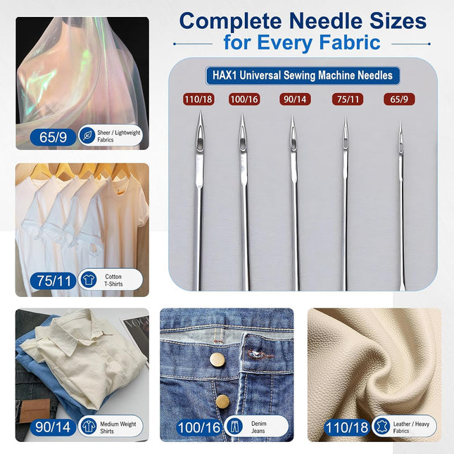 50 Pcs Universal Sewing Machine Needles Set, HAx1 Sizes 65/9–110/18 with Accessories