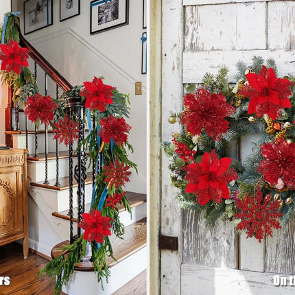 60 Pcs Christmas Poinsettia Flowers & Berry Picks – Glittery Artificial Decor in 3 Styles